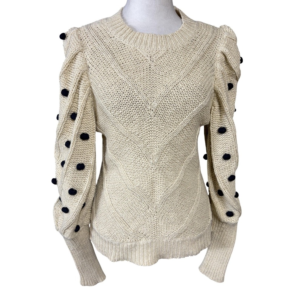 Marie Oliver Sweater Womens XS White‎ Cotton Puff Sleeve Polka Dot Cable Knit